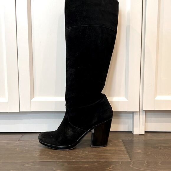 Robert Clergerie Black Boots Chunky Heel Suede Patent Leather Platform 6.5 - Picture 1 of 14